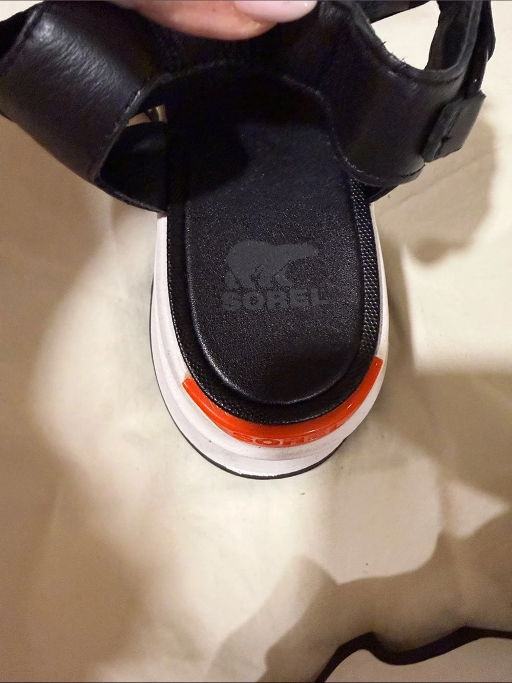 Sorel Black Women’s Sport Sandals with White Sole and Orange Heel Accent